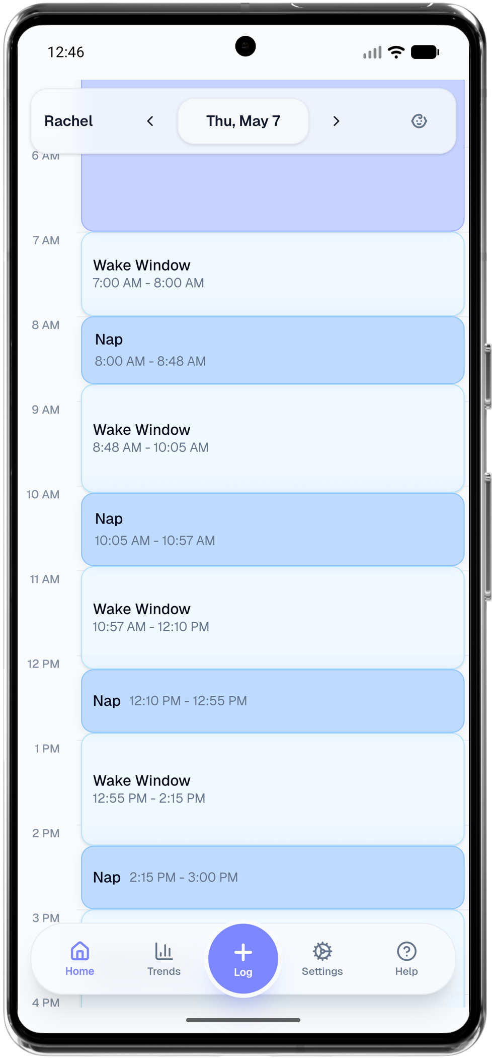 Daily sleep schedule overview with estimated naps