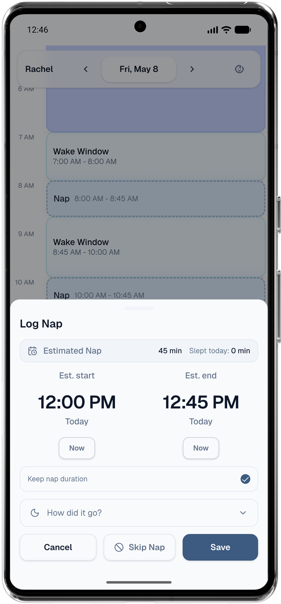 Sleep tracker timeline showing nap and wake windows